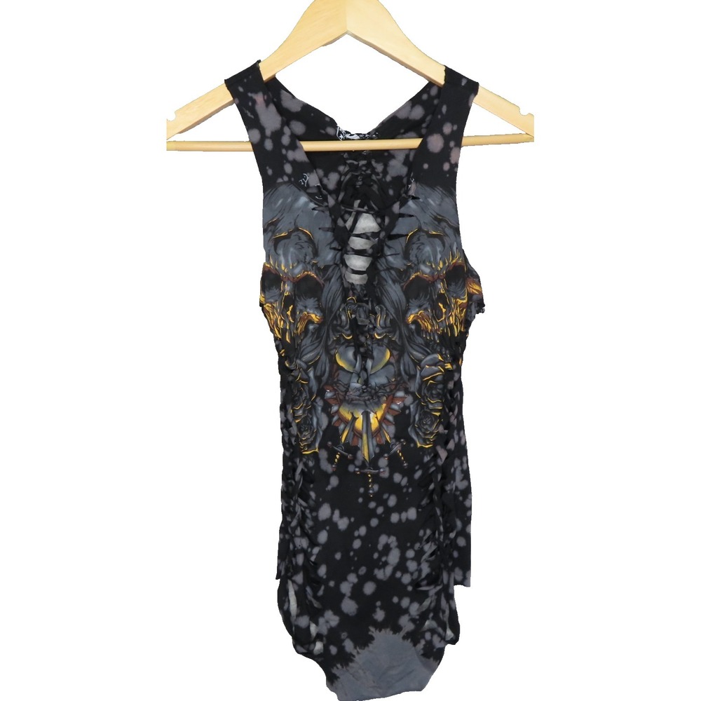 Affliction Sleeveless Bodysuit Medium Gray Black Skulls Scoop Neck Distressed